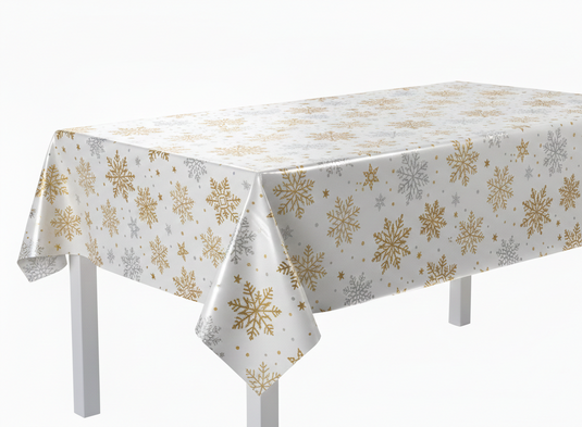 Mantel plástico dorado copos nieve 137x213 cm