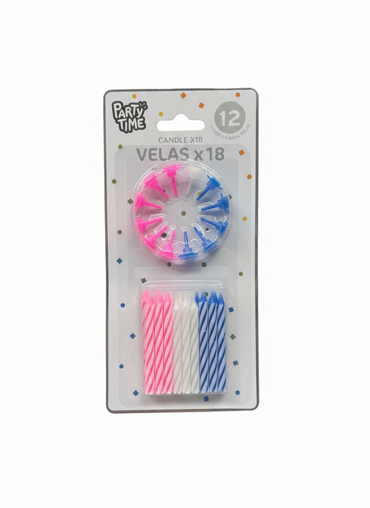 Pack de 18 velas de cumpleaños con 12 bases