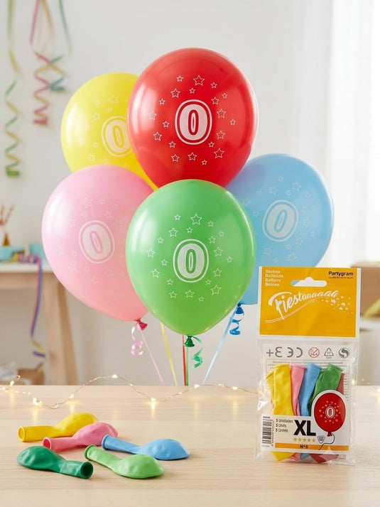 Pack 5 Globos de Látex XL 12" Número 0 Surtidos