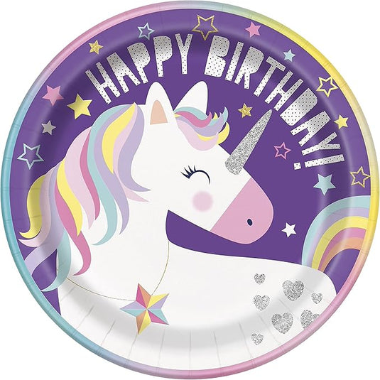 Pack de 8 platos de cartón unicornio 23 cm