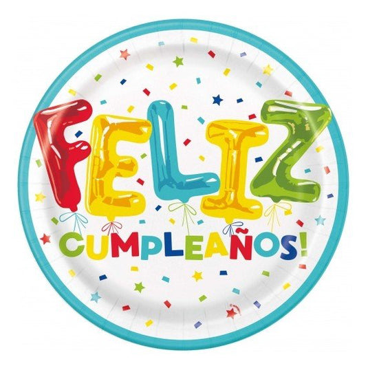 Pack de 8 platos de cartón feliz cumpleaños 23 cm