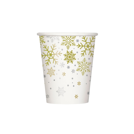 Pack de 8 vasos de cartón copos nieve plata y oro 266 ml