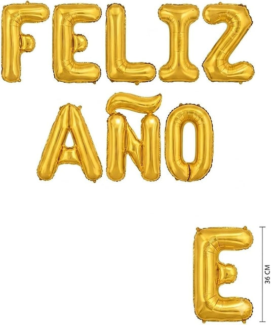 Cartel Globos Letras "FELIZ AÑO" Metalizado Dorado 36 cm